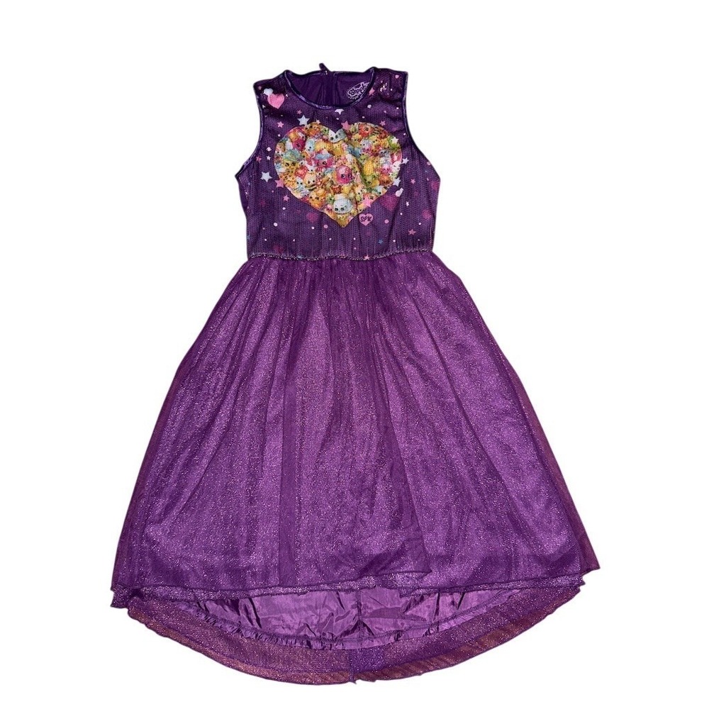 Shopkins Girls Party Dress Purple Glitter Tulle Hi-Low Heart Print XL cosplay 14